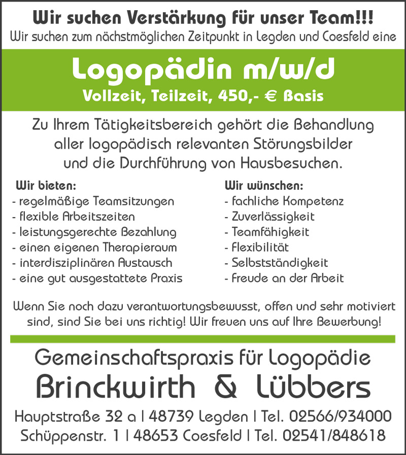 Stellenangebot Logopädin / Logopäde, in Legden und Coesfeld
